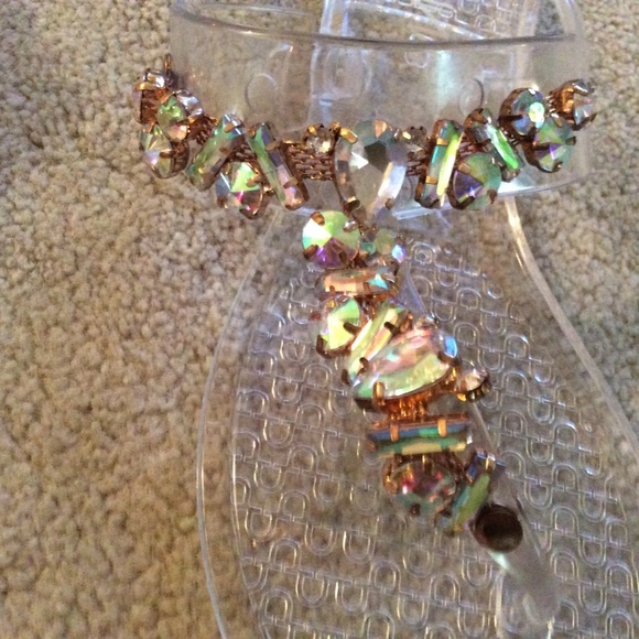 Anna Clear Gold tone Iridescent Gem Jelly PVC T-Strap Buckle Sandal Size 39 - Picture 5 of 5